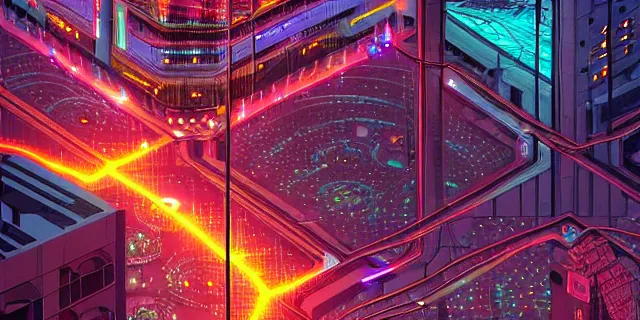 Image similar to glowing chains of interconnected network of technological cubes, in the middle of a futuristic cyberpunk dubai city, in the art style of dan mumford and marc simonetti, atmospheric lighting, intricate, volumetric lighting, beautiful, sharp focus, ultra detailed