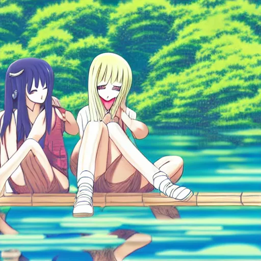 Prompt: two lesbian girls smoking hemp in front of a lake in the style of anime, pixiv, intricate, elegant, highly detailed, lush, stylized, japanese, smooth