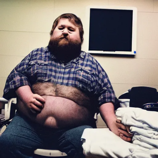 Image similar to close up portrait of fat redneck man in dirty clothes sitting in hospital waiting room, award winning, kodak gold 2 0 0,