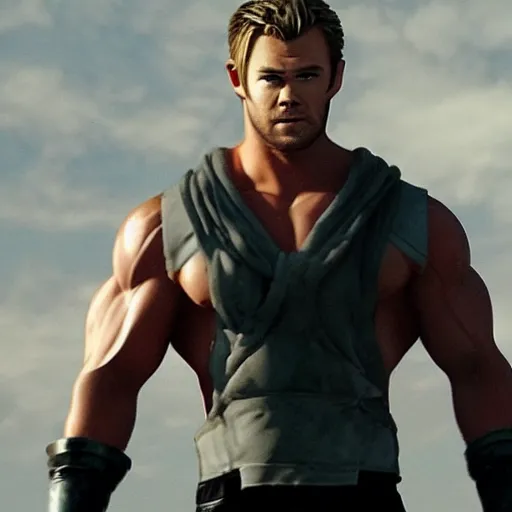 Image similar to Still of Chris Hemsworth with a very muscular body type, anime art, anime style