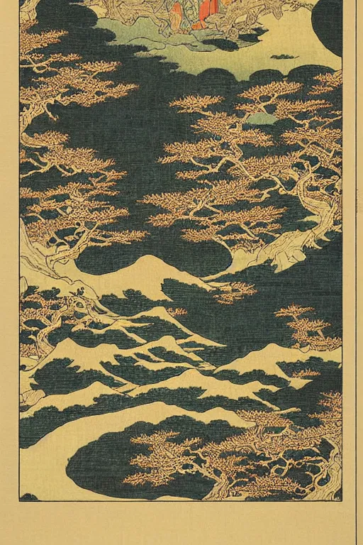 Image similar to japanese woodblock print of a landscape in the style of fantasy painted by kano sanraku, james jean, takato yamamoto, mc escher in the style of nihonga, gold leaf painting, fractal art, intricate detail