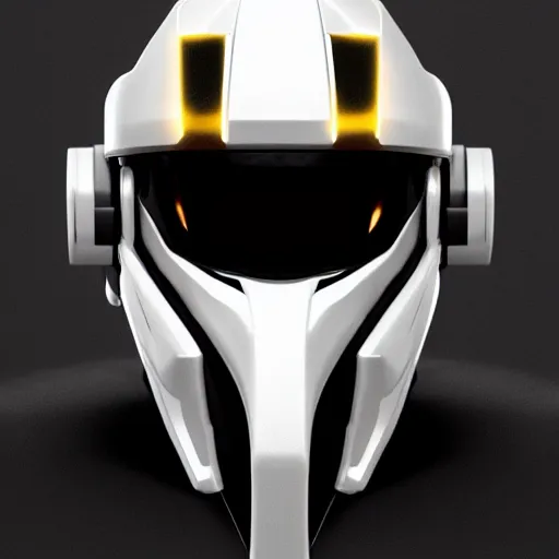 Image similar to centered robot helm black white and gold, anthem, warframe, octane render