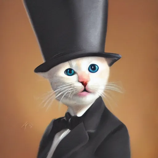 Image similar to a photorealistic, detailed, 4 k, painting of a baby cat wearing a top hat and monocle