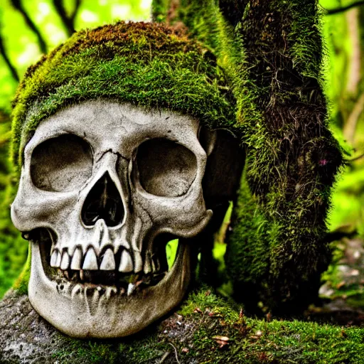 Image similar to mossy human skull being reclaimed by nature, macro photography, wide angle lens, blurred background