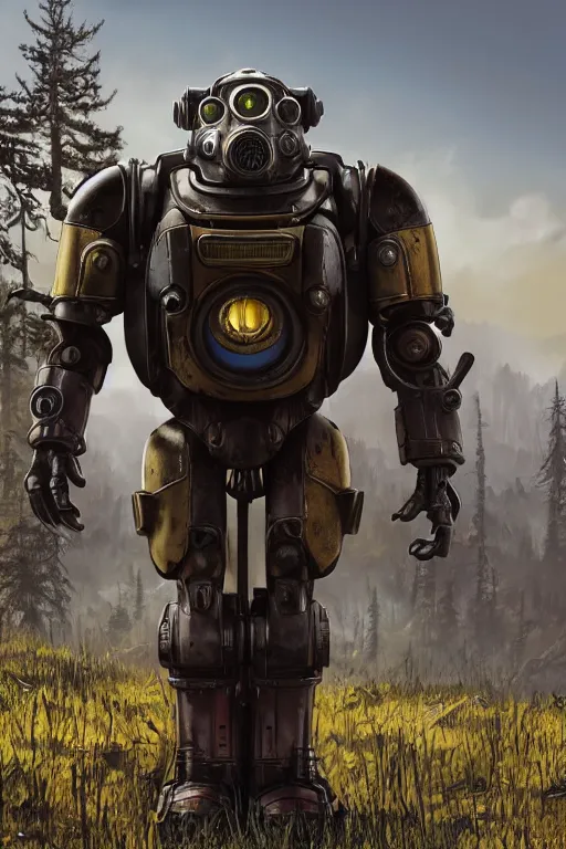 Image similar to fallout 7 6 power armor, hyper realistic, design by mark ryden and pixar and hayao miyazaki, unreal 5, daz, hyperrealistic, octane render, cosplay, rpg portrait, dynamic lighting, intricate, that looks like it is from borderlands and by feng zhu and loish and laurie greasley, victo ngai, andreas rocha, john harris