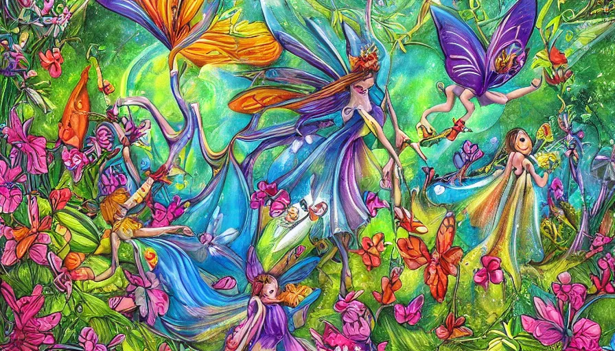 Prompt: world of fairies, detailed, vibrant colors, symmetry features, award winning