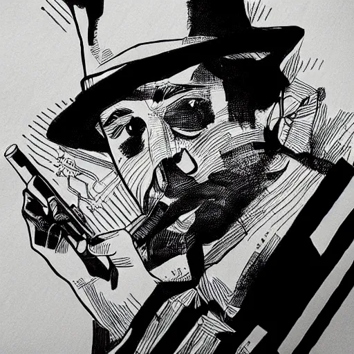 Prompt: noir detective, black ink on paper, trending on artstation, beautiful, intricate, detailed