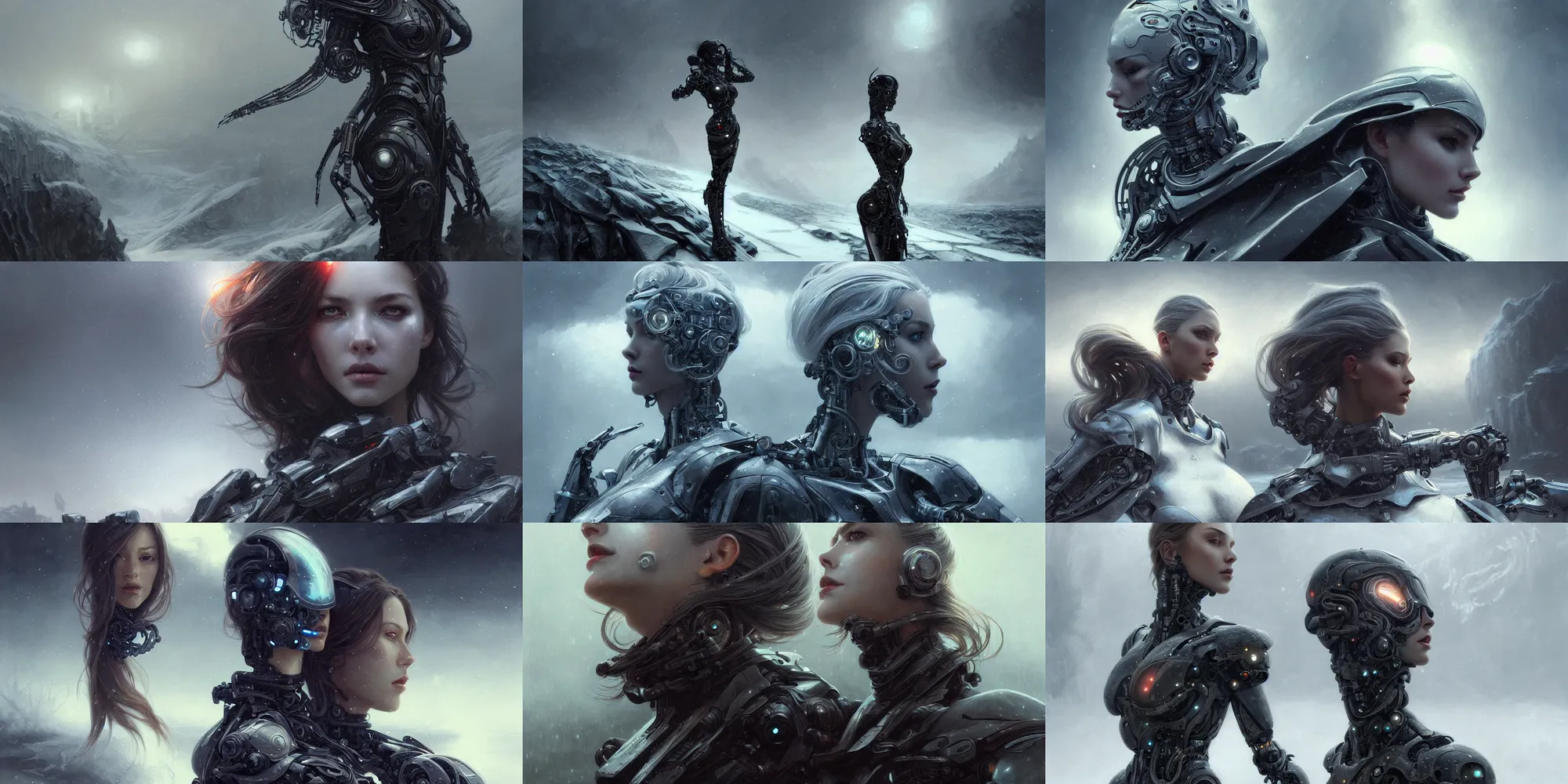 Prompt: ultra realistic beautiful alluring cyborg techno art, gorgeous face and figure, in an icy wasteland, ominous sky, sci - fi, fantasy, intricate, elegant, highly detailed, digital painting, artstation, concept art, smooth, sharp focus, illustration, art by artgerm and greg rutkowski and alphonse mucha and wlop