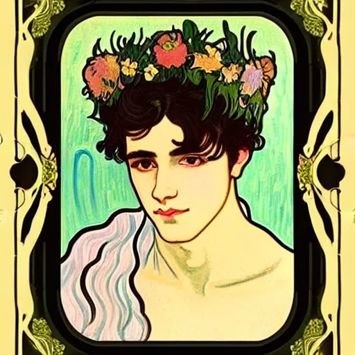 Prompt: painting of young handsome beautiful dark medium wavy hair man in his 2 0 s named shadow taehyung wearing a floral hair crown at the cucumber and banana soup party, elegant, clear, painting, stylized, delicate, soft facial features, art, art by alphonse mucha, vincent van gogh, egon schiele