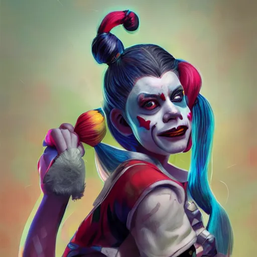 Prompt: Harley Quinn as a beautiful young ape kid with long pony tails on either side of her head, illustration, comic, by James Jean, artgerm, octane render, by John Coltrane and Marc Simonetti, kinemacolor, colorful, high detail of the face, full body