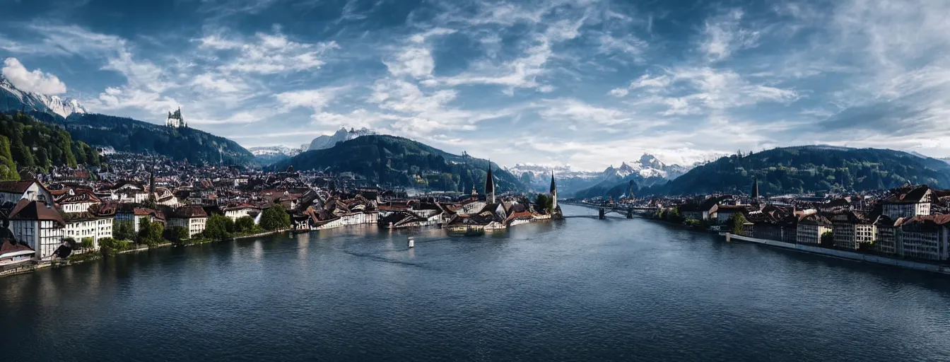 Image similar to Photo of Zurich, looking down the river at the lake and the alps, Hardturm, Grossmünster, wide angle, volumetric light, hyperdetailed, mountain water, artstation, cgsociety, 8k