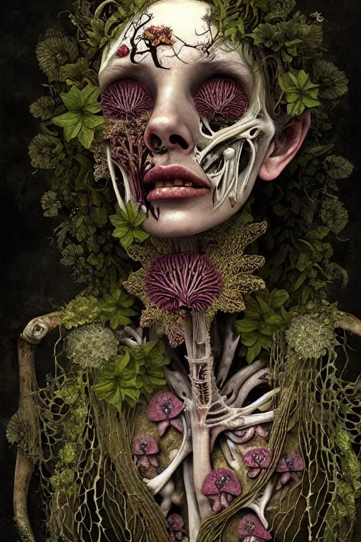 Prompt: very sad and detailed rotten woman corpse with fractal plants and fractal flowers and mushrooms growing around, face muscles, veins, arteries, bones, anatomical, intricate, ornate, surreal, ray caesar, john constable, guy denning, dan hillier