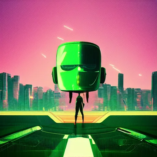 Image similar to a graph - style woman walking across a lush green field, a huge robot head in front of her, cyberpunk art by by james gilleard, cgsociety, retrofuturism, synthwave, retrowave, outrun