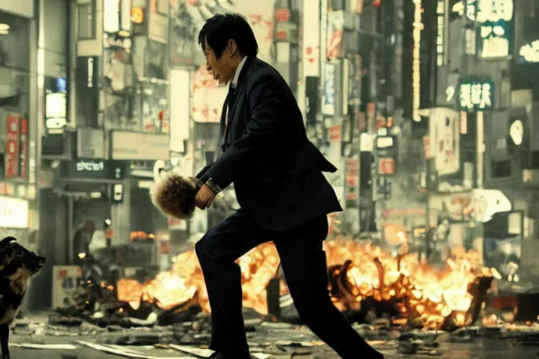 Image similar to cinematography action movie closeup portrait of a Japanese business man carrying his dog running from an explosion in Tokyo by Neil blomkamp