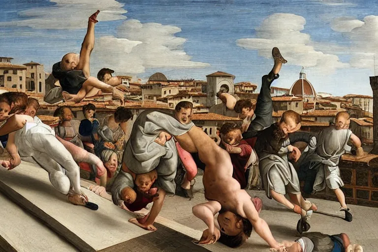 Prompt: kids doing parkour on the roofs of Florence by Tiziano Vecellio, renaissance style