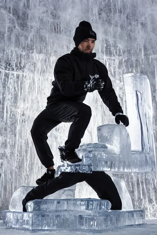 Image similar to Ice sculpture of squatting man in black Adidas tracksuit, shiny, ultra realistic, 4k, cold mist