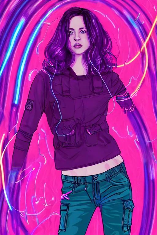 Image similar to a award winning half body portrait of a beautiful kristen ritter in a croptop and cargo pants with ombre purple pink teal hairstyle and hands in pockets by ari liloan, surrounded by whirling illuminated lines, outrun, vaporware, shaded flat illustration, digital art, trending on artstation, highly detailed, fine detail, intricate