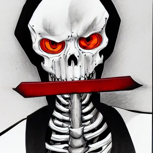 Image similar to A anime still of a grim reaper by Takeshi Obata, skeleton face symmetrical face,symmetrical body, worn clothes, military boots,colors red and black and white, pencil art on paper