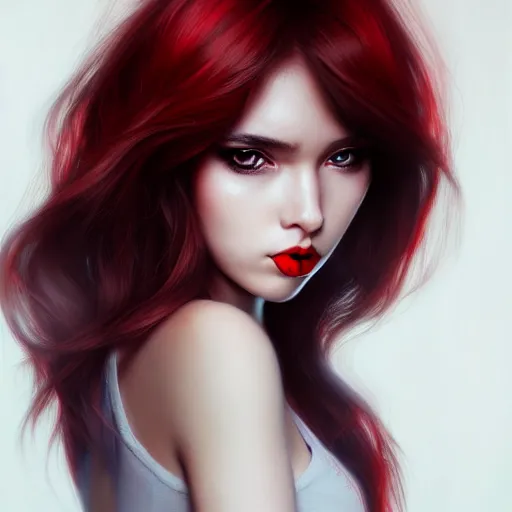 Image similar to a realistic illustration portrait of a beautiful cute girl with wavy black and red hair, a pointy nose and, round chin black eyeliner, trending on artstation, dynamic, hyper - realistic lighting, intricate, ross tran, realistic hair