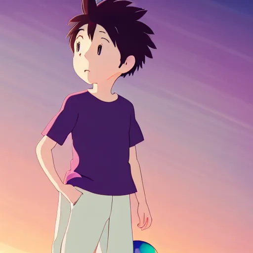 Image similar to a young boy with ball with a pastel aesthetic, studio ghibli, character design, fantasy, 8 k resolution