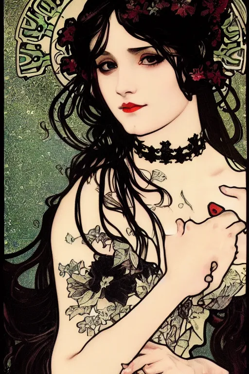 Prompt: A close-up portrait of a cute goth girl wearing a frilly black dress and a black lace choker by Alphonse Mucha, tattoos, art nouveau card, wlop, trending on artstation, 8k