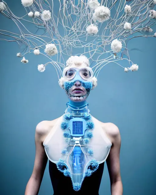 Prompt: symmetrical portrait of a woman wearing a blue embroidered translucent silicone mask and white frizzy hair buns, wearing a black bodysuit by alexander mcqueen, standing in a sterile room full of translucent silicone white flowers and plants, white background, soft diffused light, biotechnology, humanoide robot, futuristic aesthetic, translucent, ethereal, intricate details, highly detailed, masterpiece,