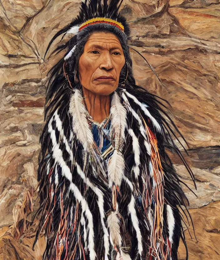 Image similar to full body shot picture of indigenous people young slim fit woman leader in canyon, painted by lucian freud, beautiful feathers, hd, super detailed, realistic