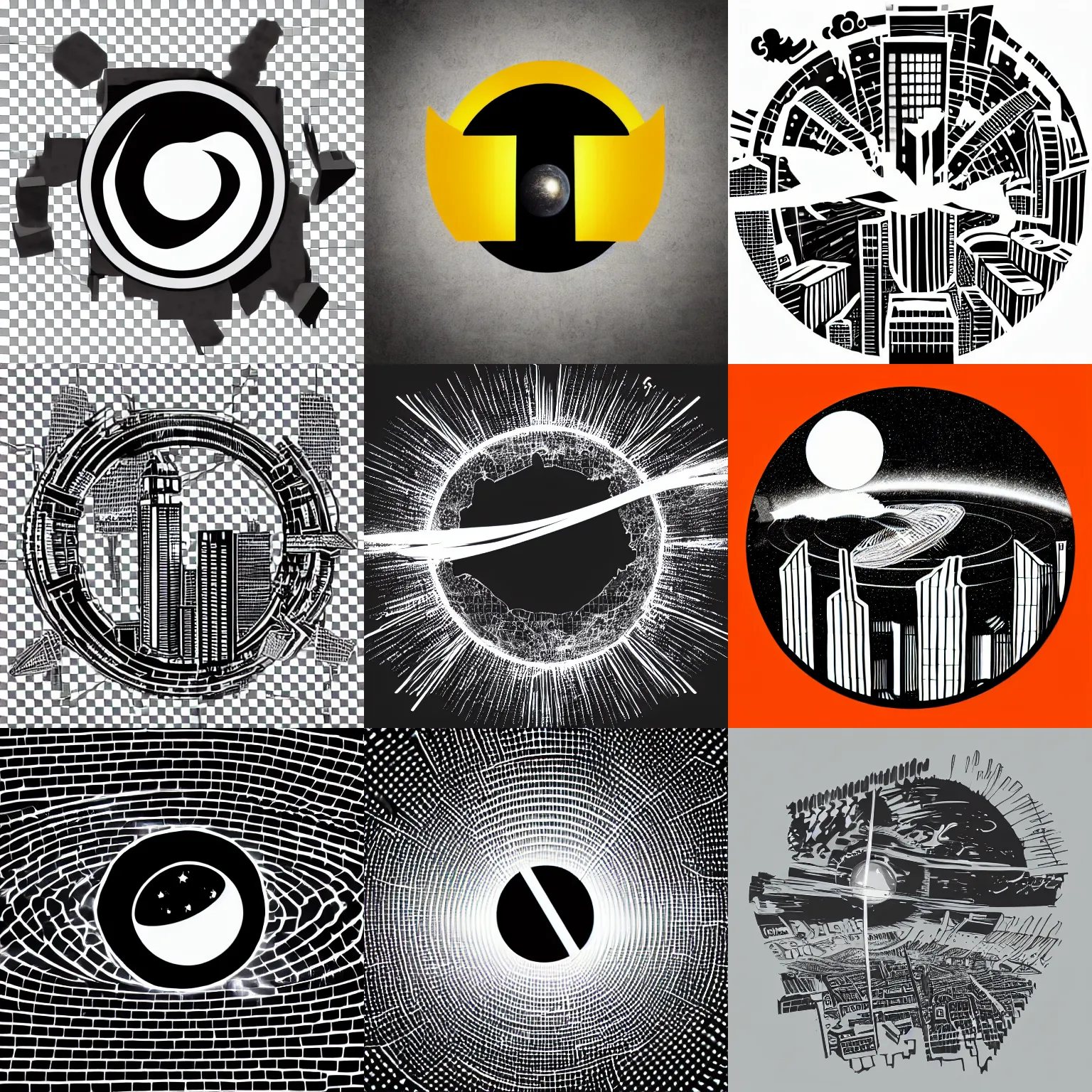 Prompt: concept art of png logo of black hole rising above city, city destroyed by shockwave, black hole with accretion disс, vector logo, sticker, black and white, material design, ink drawing