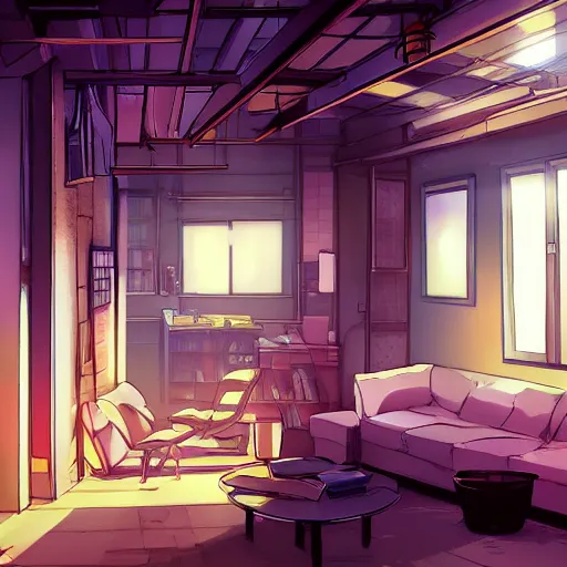 Prompt: Interior of a Shinjuku Loft Apartment at 3:12 am, Anime concept art by Makoto Shinkai