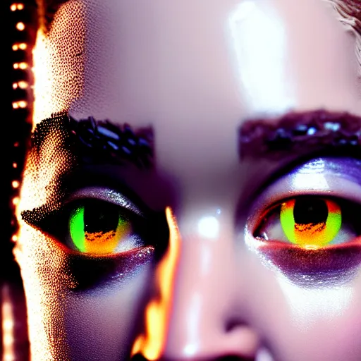 Prompt: close up detail of the face of cyborg jennifer lawrence as the bride of frankenstein, macro photography, glowing eyes