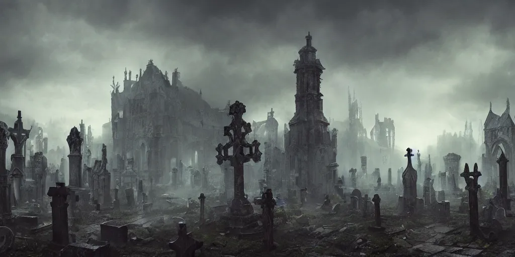 Prompt: A fancy landscape of a Medieval Graveyard by Greg Rutkowski, Sung Choi, Mitchell Mohrhauser, Maciej Kuciara, Johnson Ting, Maxim Verehin, Peter Konig, Bloodborne, 8k photorealistic, cinematic lighting, HD, high details, dramatic, dark atmosphere, trending on artstation