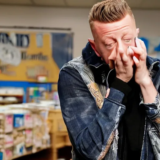 Image similar to Macklemore yelling at Goodwill, head in hands