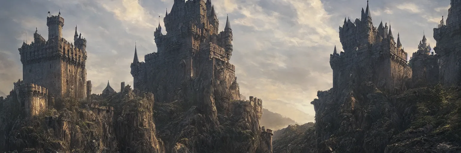 Prompt: riverrun castle from westeros at dawn, stone architecture, massive gates, tower keep, ornate ironwork, detailed infrastructure by greg rutkowski, artstation and frank lloyd wright, extremely hyperdetailed, intricate construction, ramparts, battlements, mountains, clouds, uhd