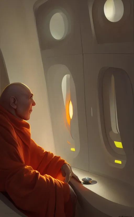 Image similar to portrait of a blind monk in a spaceship, looking out the window, orange robe, dramatic lighting, artstation, matte painting, ralph mcquarrie