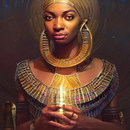 Image similar to highly detailed portrait of an african egyptian goddess, intricate alien technology, stephen bliss, unreal engine, fantasy art by greg rutkowski, loish, rhads, ferdinand knab, makoto shinkai and lois van baarle, ilya kuvshinov, rossdraws, tom bagshaw, global illumination, radiant light, detailed and intricate environment