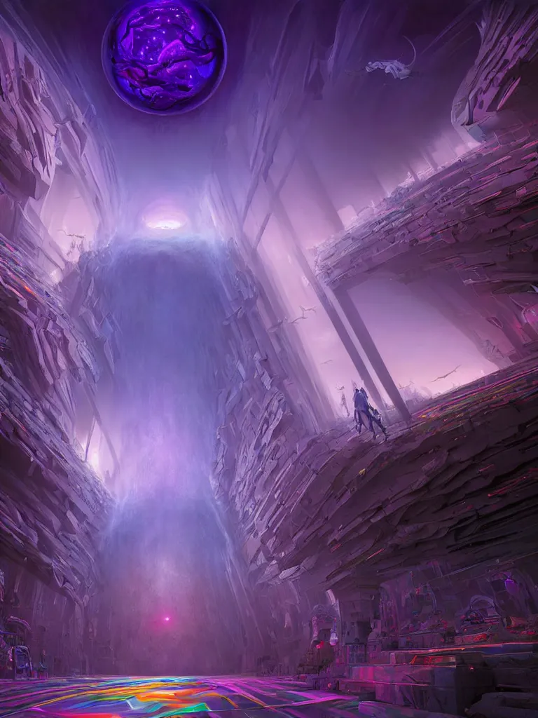 Image similar to entrance to ethereal realm, rendered in unreal engine, central composition, symmetrical composition, dreamy colourful cyberpunk colors, 6 point perspective, fantasy landscape with anthropomorphic!!! terrain!!! in the styles of igor morski, jim warren, and rob gonsalves, intricate, hyperrealistic, volumetric lighting, big sky, distinct horizon