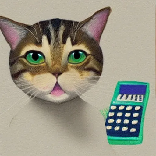 Prompt: “Calarts cartoon show drawing of a humanoid cat holding a calculator and looking surprised”