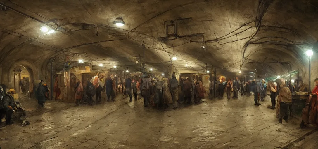 Image similar to market in an underground subway track by eugene von guerard, ivan shishkin, dramatic lighting, concept art, trending on artstation