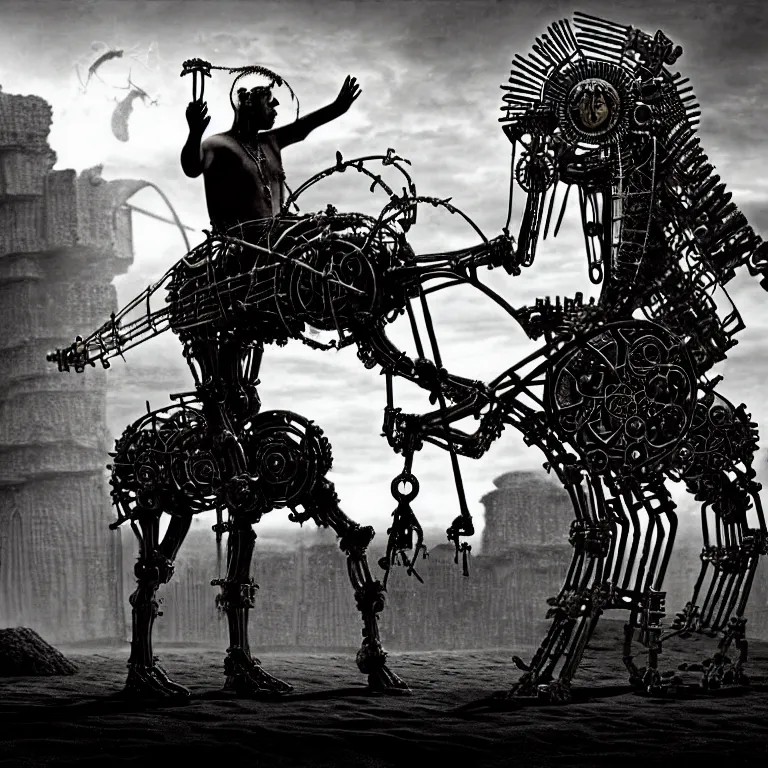 Prompt: A techno-magical shaman performs a ritual to resurrect a mechanical horse. The steel ancient ruins are covered with sand. masterpiece, fantasy art, future, cinematic, hyperdetailed, photorealistic, sigil, hyperrealism, octane rendering, 8k, depth of field, bokeh, shadows, art by Zdzisław Beksiński, Arthur Rackham, Dariusz Zawadzki