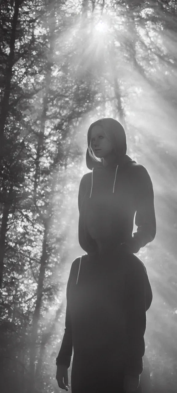 Image similar to very very beautiful photograph of emily skinner looking like annie leonhart in a hoodie standing next to a window god rays shining on her from the sunlight, sharp focus, volumetric fog, smoke, depth of field, beautiful composition, very very very beautifull face, on artstation and instagram, ray tracing