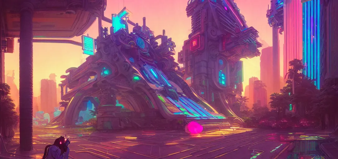 Image similar to street view of a cybernetic temple, vaporwave aesthetic, colorful, psychedelic, digital painting, artstation, concept art, smooth, sharp focus, illustration, art by artgerm and greg rutkowski and alphonse mucha