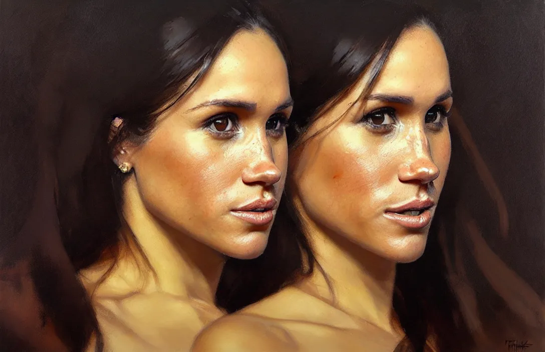 Image similar to portrait of meghan markle!!!!!!!!!!!!!!!!!!!!!!!!!!!, detailed face, detailed painting, epic lighting, by ilya repin, phil hale and kent williams