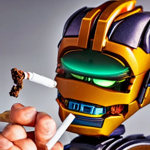 Prompt: A product photography of Bionicle smoking a fat joint, lots of smoke, green red and yellow hues, 4k, award winning photo