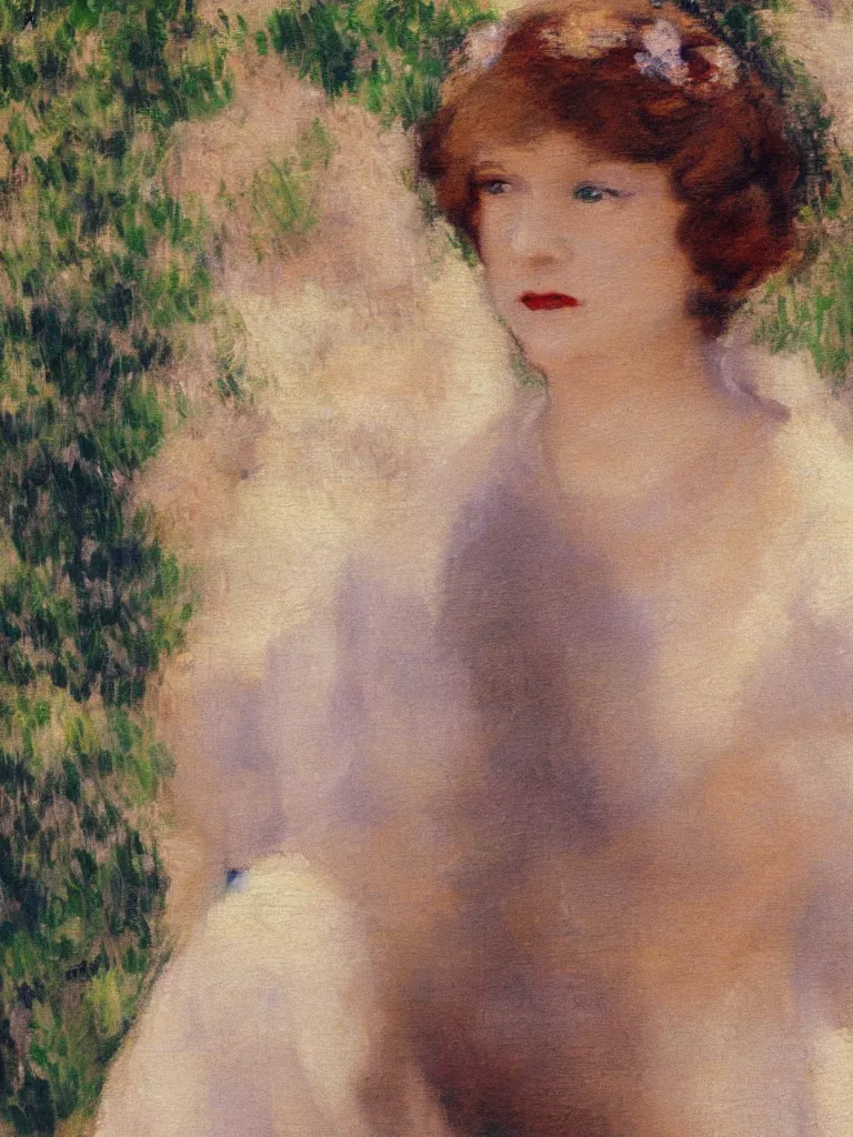 Image similar to portrait of < zelda fitzgerald > as a beautiful young lady wearing 1 9 2 0 s fashion, blurry face, brown hair, slim, fair, severe out of focus, depth of field, pleinairism, in the sun, backlit, closeup, oil on canvas, atr by monet, in the style of le promenade, smooth, impressionnisme, 8 k