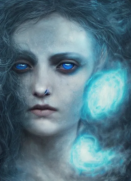 Image similar to Her huge ominous glowing blue eyes staring into my soul , perfect eyes, realistic face, intricate stunning highly detailed, agostino arrivabene, WLOP, twisted dark lucid dream, 8k portrait render, raven wings, swirling thick smoke , beautiful lighting, dark fantasy art, cgsociety