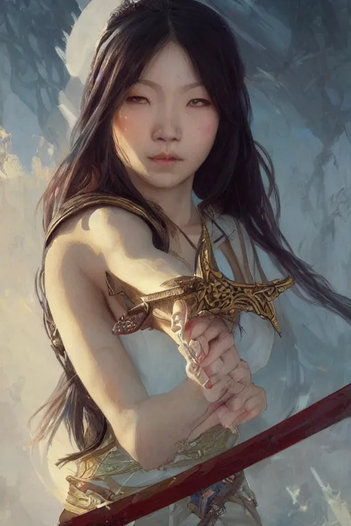 Image similar to asian girl with very big sword, d & d, fantasy, portrait, highly detailed, digital painting, artstation, concept art, sharp focus, illustration, art by greg rutkowski and alphonse mucha