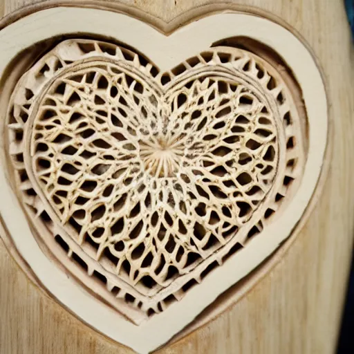 Image similar to lattice heart carved into ivory, c anon 5 d 5 0 mm lens