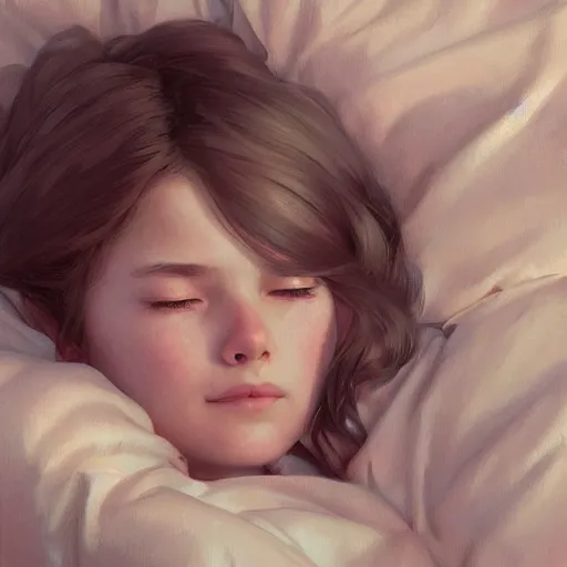 Prompt: little girl in pajamas sleeping, realistic portrait, highly detailed, digital painting, artstation, concept art, smooth, sharp focus, illustration, cinematic lighting, art by artgerm and greg rutkowski and alphonse mucha