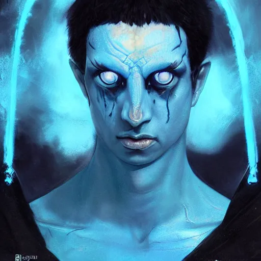 Image similar to blue djinn, horror, male, horns, 3rd eye, by Maciej Kuciara and Jason Chan, ominous, cosmic horror, trending on artstation, Ultra detailed, hyper realistic