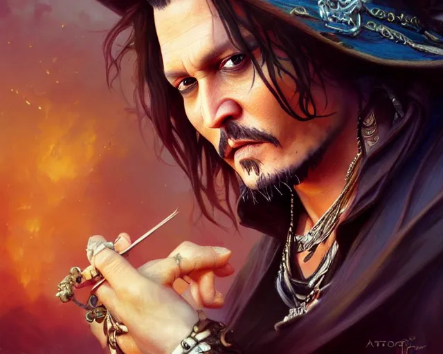 Image similar to photography of johnny depp, deep focus, d & d, fantasy, intricate, elegant, highly detailed, digital painting, artstation, concept art, matte, sharp focus, illustration, hearthstone, art by artgerm and greg rutkowski and alphonse mucha